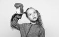 Girl cute child with red gloves posing on white background. Sport upbringing for leader. Cute kid with sport boxing Royalty Free Stock Photo