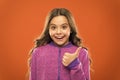 Girl cute child show thumbs up gesture. Gifts your teens will totally love. Kids actually like concept. Kid show thumb Royalty Free Stock Photo