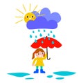 Cute happy little girl with umbrella under rain, clouds and sun in childlike flat style