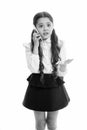 Girl cute long hair talk smartphone white background. Child desperate helpless face expression speak smartphone