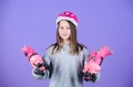 Girl cute teen wear helmet and roller skates on violet background. Active leisure and lifestyle. Roller skating teen Royalty Free Stock Photo