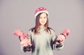 Girl cute teen wear helmet and roller skates on violet background. Active leisure and lifestyle. Roller skating teen Royalty Free Stock Photo