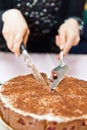 Girl cutting a slice from the cake