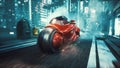 The girl from the cyber city at a huge speed rides futuristic motorcycle along the night street. View of an future