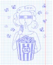 Girl in 3D glasses eating delicious popcorn from a big striped Royalty Free Stock Photo