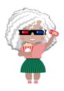 Girl in 3D glasses, with a ticket to the cinema and popcorn Royalty Free Stock Photo