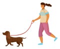 Girl with dachshund dog at leash, young pretty smiling happy cheerful female teenager with ponytail