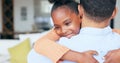 Girl, dad and hug in closeup, back and family home with welcome, reunion and smile with love in living room. African