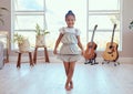 Girl, dance and ballet in home portrait for training, lesson or class in music room for happy curtsy, female child or Royalty Free Stock Photo