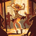 Girl dance in bar in 50s 60s style, retro illustration. Concept for USA National Dance Day. Generative AI Royalty Free Stock Photo