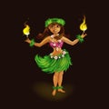 Girl dancer in Hawaiian folk clothes with torches for fiery dance. Hula Dance and Fire Show. Royalty Free Stock Photo
