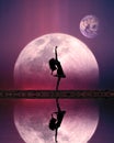 Girl dancing edge of lake silhouette on moon and earth planet background reflection pink blue sky fantasy Royalty Free Stock Photo