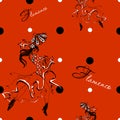 Girl dancing flamenco. Seamless pattern. Gypsy. Polka dot background. Red. Vector.