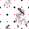 Girl dancing flamenco. Seamless pattern. Gypsy. Polka dot background. White. Vector.