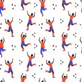 Girl dancing with raised hands vector flat seamless pattern. Joyful positive woman in comfortable clothes having fun hand drawn