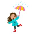 Girl Dancing Under Raindrops With Umbrella, Kid In Autumn Clothes In Fall Season Enjoyingn Rain And Rainy Weather Royalty Free Stock Photo