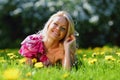 Girl on dandelion field