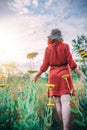 Girl on dandelion on green field. Royalty Free Stock Photo