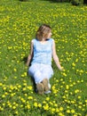 Girl on dandelion lawn Royalty Free Stock Photo