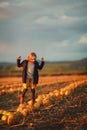 Girl in dark blue coat and orange skirt jumps on pumpkins on the field on sunset. Halloween. Beautiful landscape in Royalty Free Stock Photo