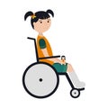 A girl with dark hair and a broken leg is sitting in a wheelchair with a doll in her hands.The leg is bandaged and fixed with a