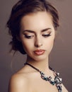 Girl with dark hair and evening makeup with luxurious necklace Royalty Free Stock Photo