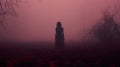 Eerie Pink Autumn Photo Scary Woman In Maroon Fog