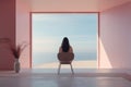 A girl with dark long hair is sitting in the chair Achitectural space. Cinematic. A beach Generative AI