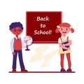 Girl and dark skin boy with a globe at the school blackboard. Back to school. Vector illustration in flat cartoon style. Royalty Free Stock Photo