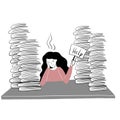 girl in deadline among wark and papers, looking for help, vector illustration