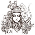 Girl death outline illustration for coloring. Portrait of a Bandit woman for t-shirt design or print