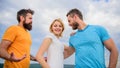 Girl decided with whom dating. Girl stand between two men. Couple and rejected partner. Woman picked boyfriend. Love as Royalty Free Stock Photo