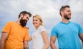 Girl decided with whom dating. Start romantic relationships. Girl stand between two men. Couple and rejected partner