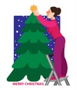 Girl decorates Christmas tree vector flat illustration Royalty Free Stock Photo