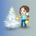 girl decorates the Christmas tree