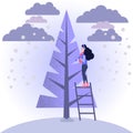 Girl decorates Christmas tree. Vector illustration in flat style Royalty Free Stock Photo