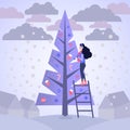 Girl decorates Christmas tree. Vector illustration in flat style Royalty Free Stock Photo