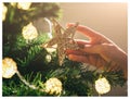 Girl is decorating christmas tree with lights. Golden star toy in woman`s hands. Love and holidays concept. New Year mood. Hygge Royalty Free Stock Photo