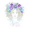 Girl decorative hairstyle with flowers, leaves in hair in doodle style. Nature, ornate, floral illustration and hand