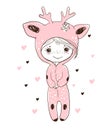 A girl in a deer costume. Cute line drawing for kids. Flat vector illustration, doodle hand drawing isolated on white Royalty Free Stock Photo