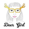 Girl in deer horn glasses. Boho style fashionista girl print. Deerhorn thin line illustration. Royalty Free Stock Photo