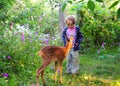 A girl with a deer in nature baby feeds a fawn and strokes she is dressed in blue clothes Royalty Free Stock Photo