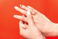 Girl demonstrates a wedding or engagement ring on her finger