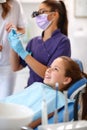 Girl on dental chair in dental ambulant Royalty Free Stock Photo