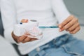 Girl in dentist chair showing how to clean teeth on dental jaw model at dental clinic. Dentistry, early prevention, oral hygiene Royalty Free Stock Photo