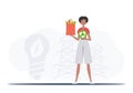 The girl is depicted in full growth holding an EKO icon and a package with proper nutrition. Healthy food, ecology Royalty Free Stock Photo