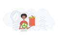 The girl is depicted waist-deep holding an EKO icon and a bag of proper nutrition. Healthy food, ecology, recycling and Royalty Free Stock Photo