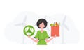 The girl is depicted waist-deep holding an EKO icon and a bag of proper nutrition. Healthy food, ecology, recycling and Royalty Free Stock Photo