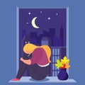 Girl in depression sits near window in room, young, sad woman alone and anxious, design, cartoon style vector