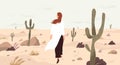 Girl in desert flat vector illustration. Single woman cartoon character. Travelling and outing, discovery and